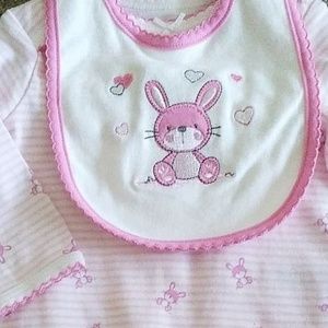 Little Me Brand 3pc Pink Bunny Pants Set w Bib NEW